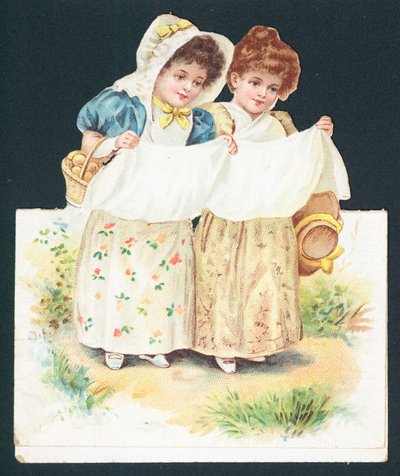 Niñas recogiendo huevos, tarjeta de Navidad de English School