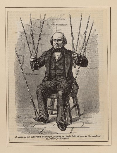 G Morris, el famoso campanero, tocando ocho campanas a la vez de English School