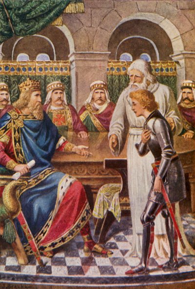 Galahad en la corte del Rey Arturo (litografía en color) de English School