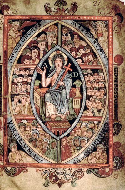 Galba A XVIII f.21r, Cristo en Majestad, del Salterio Athelstan, Old Minster, Winchester, 925-50 (vitela) de English School