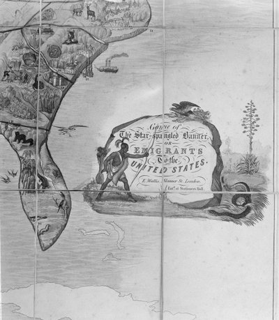 Juego de la bandera de las barras y estrellas o Emigrantes a Estados Unidos, c.1840 (litografía) (detalle de 247745) de English School