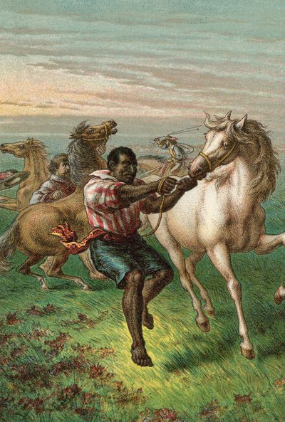 Los soldados de Garibaldi domando caballos salvajes de English School