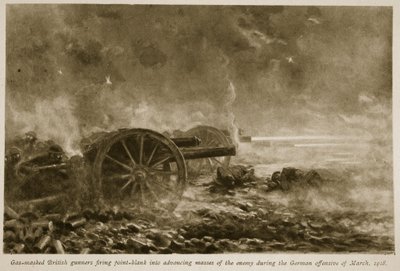 Artilleros británicos con máscaras de gas disparando a quemarropa contra masas enemigas durante la ofensiva alemana de marzo de 1918, 1918-19 de English School