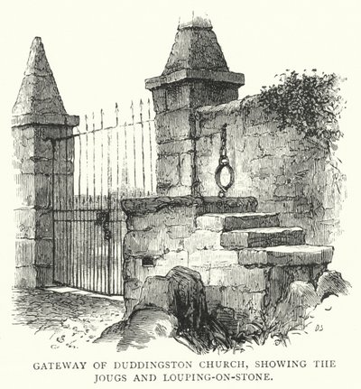 Puerta de la Iglesia de Duddingston, mostrando los Jougs y Louping-on-Stone (grabado) de English School