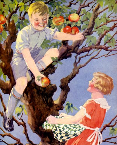 Recolectando la Cosecha de Manzana (litografia en color) de English School