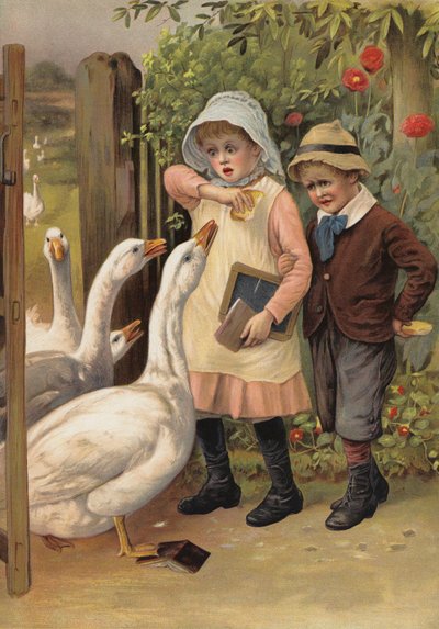 Gansos persiguiendo a los niños por su comida (chromolitho) de English School