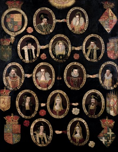 Árbol genealógico que traza las raíces Tudor de María Estuardo, Reina de Escocia (1542-87) y su hijo Jacobo VI de Escocia y I de Inglaterra (1566-1625) de English School