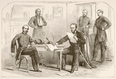 El General Joseph Eggleston Johnston rinde el Ejército de Tennessee al General William Tecumseh Sherman (litografía) de English School