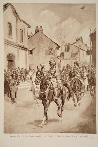 General Sir Pertab Singh liderando a los lanceros de Jodhpur a través de un pueblo francés, 1914-19 de English School