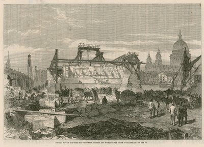 Vista general de las obras para el puente ferroviario de London, Chatham y Dover en Blackfriars de English School