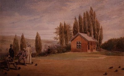 Caballeros jugando a los bolos en el césped, c.1880 de English School