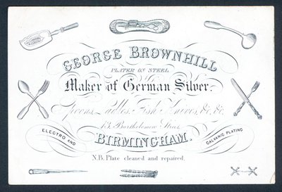 Tarjeta comercial de George Brownhill, fabricante de plata alemana de English School
