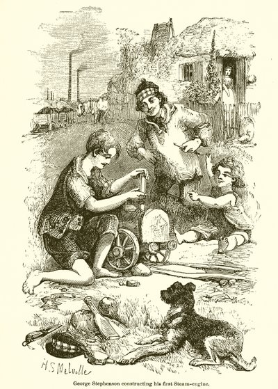 George Stephenson construyendo su primera locomotora de English School