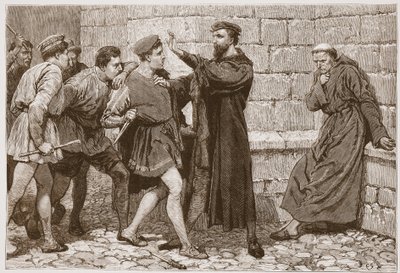 George Wishart protegiendo a su posible asesino, ilustración de "The History of Protestantism" de James Aitken Wylie (1808-1890), pub. 1878 (grabado) de English School