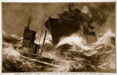 Submarino alemán embestido por el destructor británico Badger frente a la costa belga, 1914-19 de English School