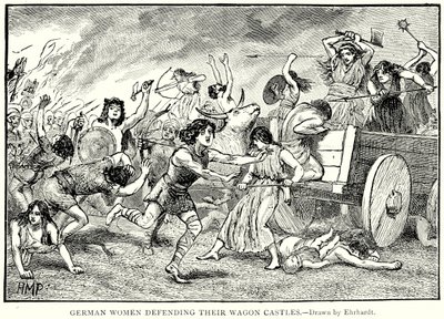 Mujeres alemanas defendiendo sus castillos de carros (grabado) de English School