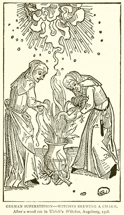 Superstición alemana--Brujas preparando un hechizo. Después de un grabado en madera en Ulrichs Witches, Augsburgo, 1508 de English School