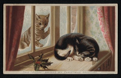 Gato jengibre mirando a través de una ventana a otro gato durmiendo, tarjeta de felicitación de Navidad de English School