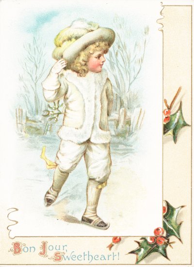 Niña patinando sobre hielo, tarjeta de Navidad de English School