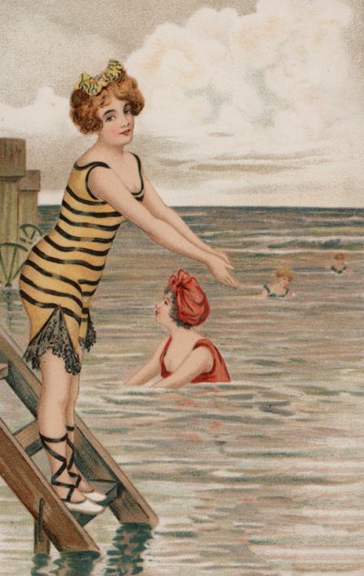 Niña a punto de sumergirse en el mar (litografía en color) de English School