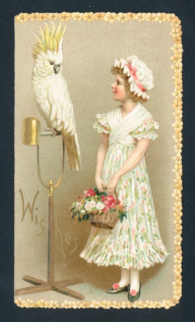 Niña y periquito, tarjeta de Navidad de English School