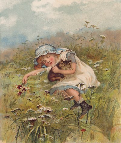 Niña y gato dormidos en un campo (cromolito) de English School