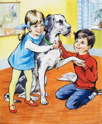 Niña y niño con perro de English School