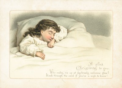 Niña dormida en la cama, tarjeta de Navidad de English School