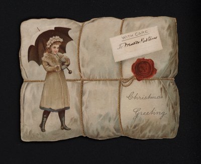 Niña que lleva un paraguas al envolver un paquete, tarjeta de felicitación navideña, finales del siglo XIX o principios del XX (cromolito) de English School