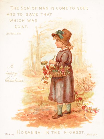 Niña llevando una cesta de acebo, Tarjeta de Navidad de English School