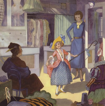 Niña disfrazada de Little Bo Peep (litografía en color) de English School
