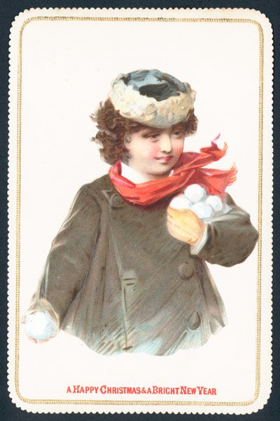 Niña recogiendo bolas de nieve, tarjeta de Navidad de English School