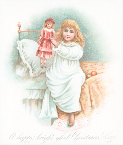 Niña levantándose de la cama en la mañana de Navidad con un regalo de English School
