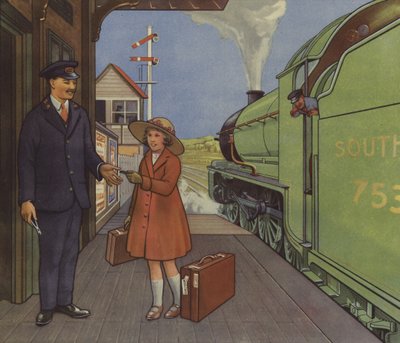 Niña entregando su billete de tren al jefe de estación (litografía en color) de English School