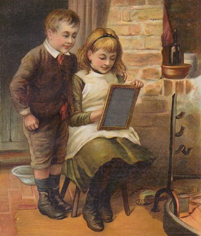 Niña ayudando a su hermano con los deberes (cromolito) de English School