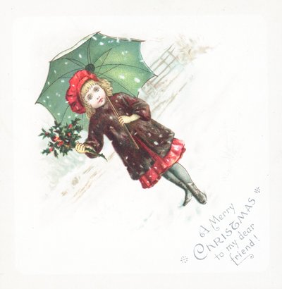 Niña con paraguas y acebo en la nieve, tarjeta de Navidad de English School
