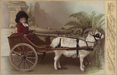 Niña en un carro de cabras, tarjeta de felicitación de Año Nuevo de English School