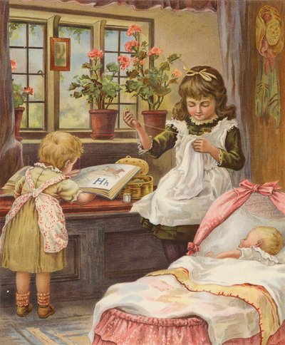 Niña cuidando de sus hermanos pequeños (cromolito) de English School