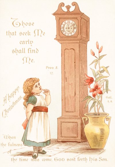 Niña mirando el reloj de abuelo, Tarjeta de Navidad de English School