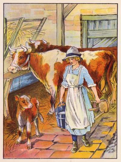 Niña ordeñando vacas (litografía en color) de English School