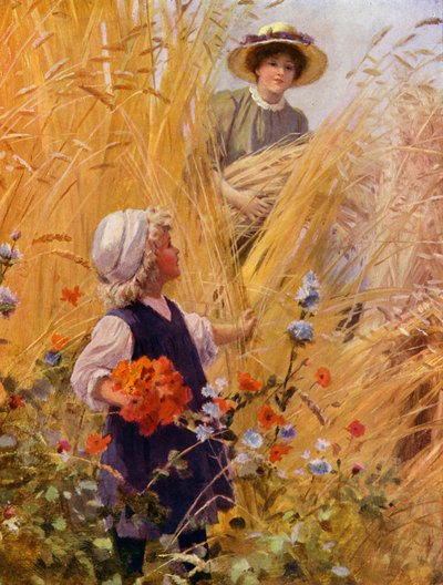 Niña recogiendo amapolas en un campo de maíz mientras una mujer recoge la cosecha (litografia en color) de English School