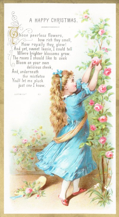Niña recogiendo rosas, tarjeta de Navidad de English School