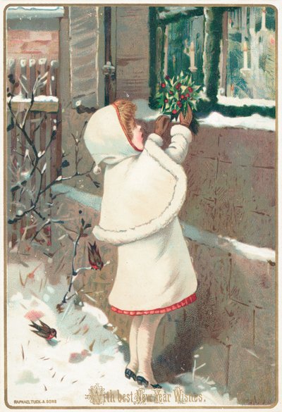Niña colocando acebo en el alféizar de la ventana de English School