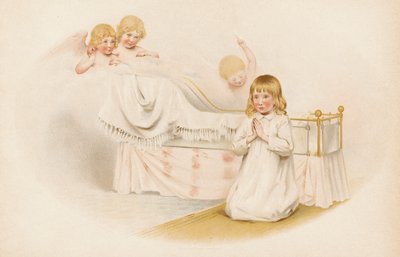 Chica rezando junto a su cama (chromolitho) de English School