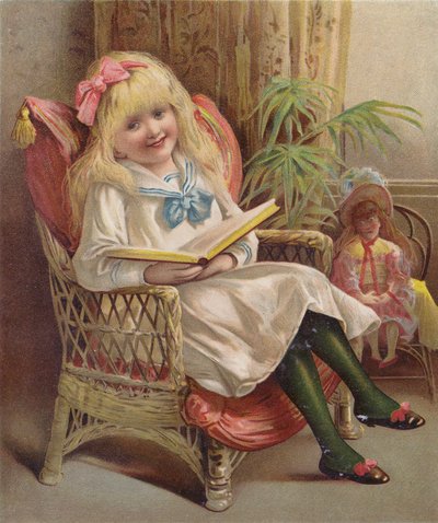 Chica leyendo en una silla (cromolito) de English School