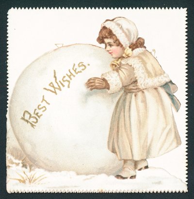 Niña rodando una bola de nieve gigante, tarjeta de Navidad de English School