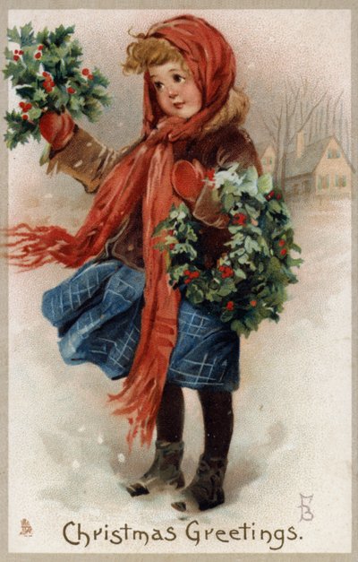 Niña vendiendo acebo y coronas de Navidad (cromolitografía) de English School