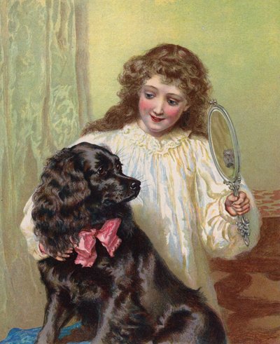 Niña mostrando a su perro mascota su reflejo en un espejo (chromolitho) de English School