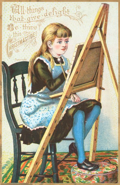 Niña sentada en un caballete pintando de English School