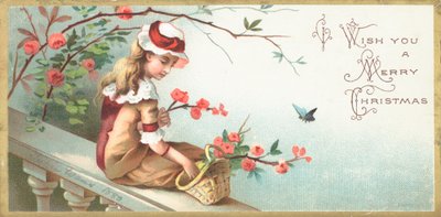 Niña sentada en el puente, tarjeta de Navidad de English School